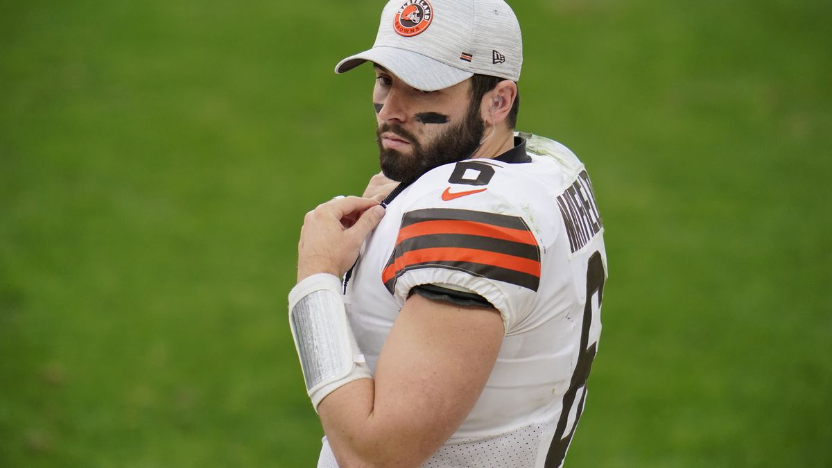 Cleveland Browns quarterback Baker Mayfield (6) stands on the sideline after being replaced by...